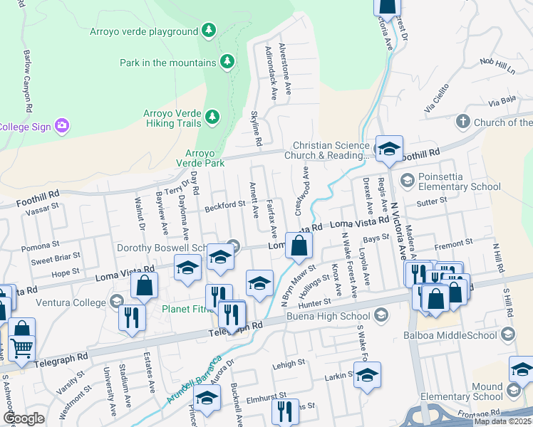map of restaurants, bars, coffee shops, grocery stores, and more near 275 Fairfax Avenue in Ventura