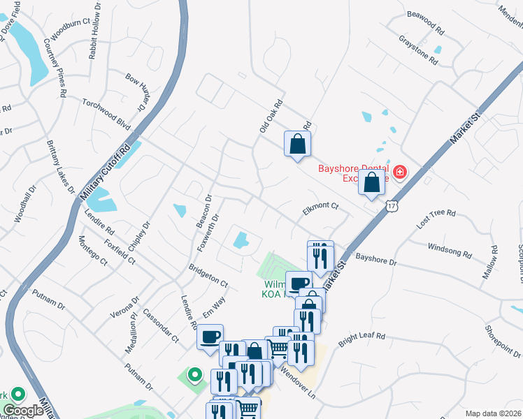 map of restaurants, bars, coffee shops, grocery stores, and more near 7417 Montfaye Court in Wilmington