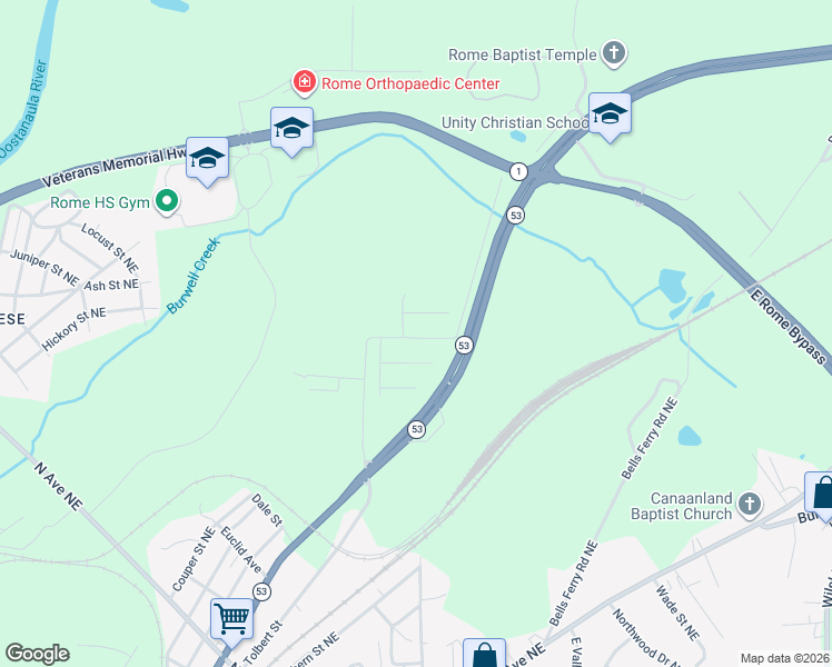 map of restaurants, bars, coffee shops, grocery stores, and more near 2651 North Broad Extended Northeast in Rome