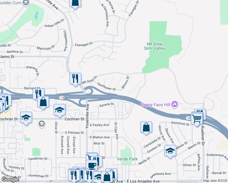 map of restaurants, bars, coffee shops, grocery stores, and more near 6016 Sunflower Street in Simi Valley