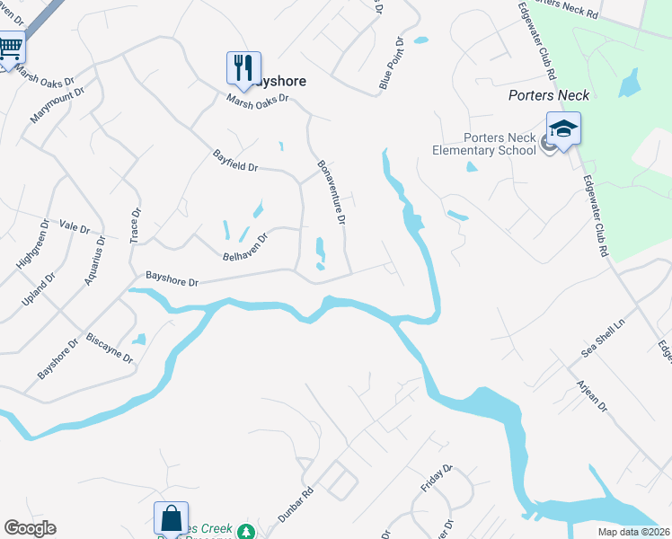 map of restaurants, bars, coffee shops, grocery stores, and more near 905 Bayshore Drive in Wilmington