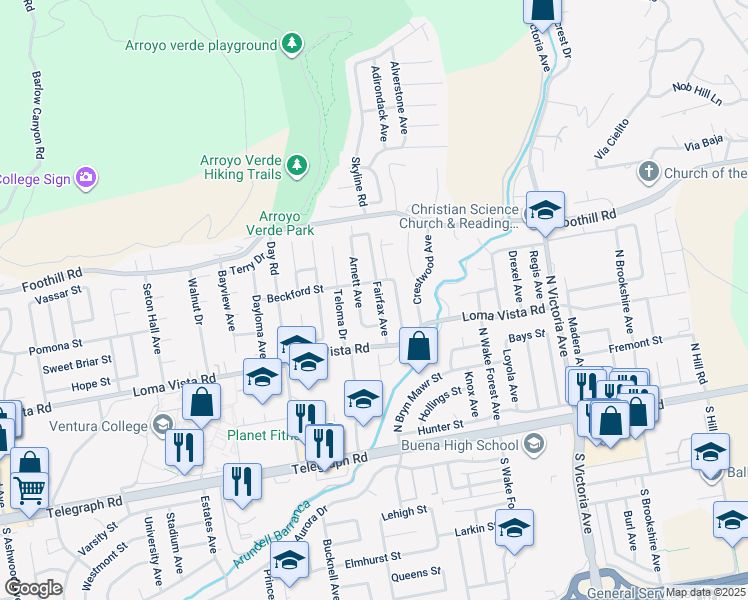 map of restaurants, bars, coffee shops, grocery stores, and more near 275 Fairfax Avenue in Ventura