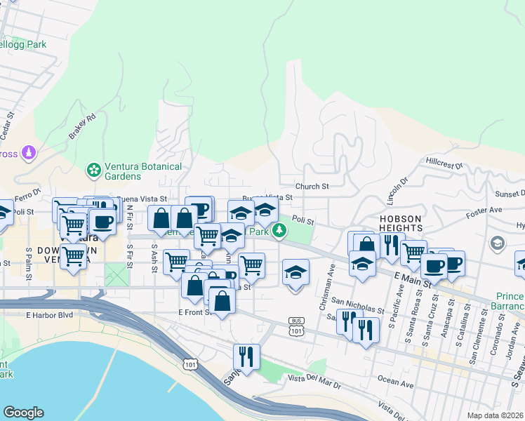 map of restaurants, bars, coffee shops, grocery stores, and more near in Ventura