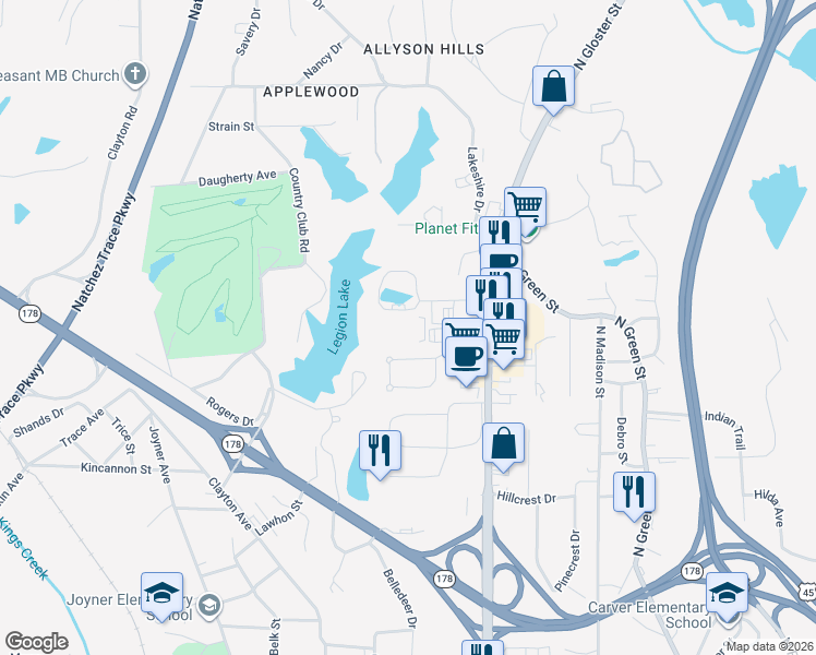map of restaurants, bars, coffee shops, grocery stores, and more near Legion Lake Road in Tupelo