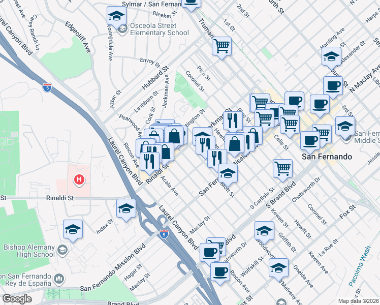 map of restaurants, bars, coffee shops, grocery stores, and more near 1336 Mott Street in San Fernando
