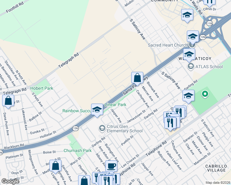map of restaurants, bars, coffee shops, grocery stores, and more near 10047 Blackburn Road in Ventura