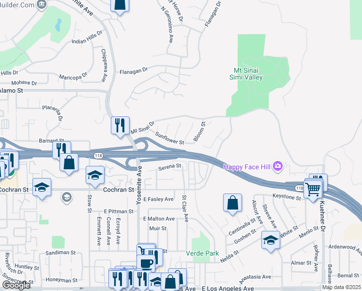 map of restaurants, bars, coffee shops, grocery stores, and more near 6016 Sunflower Street in Simi Valley