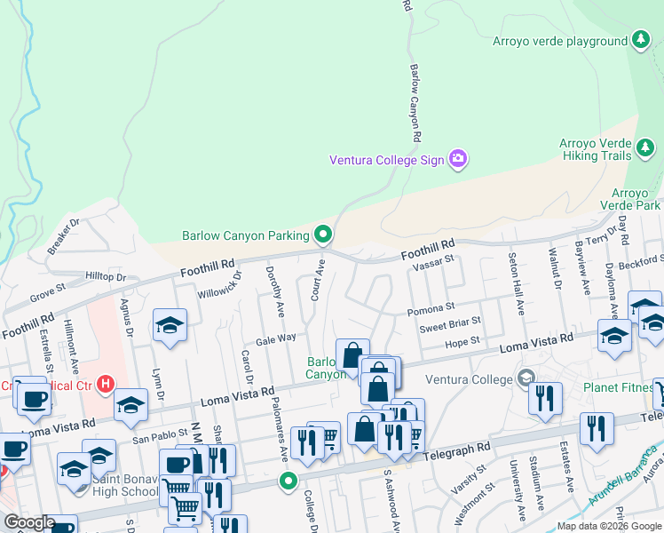 map of restaurants, bars, coffee shops, grocery stores, and more near 448 Court Avenue in Ventura