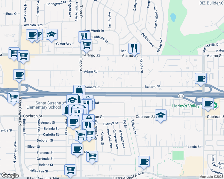 map of restaurants, bars, coffee shops, grocery stores, and more near 4608 Barnard Street in Simi Valley