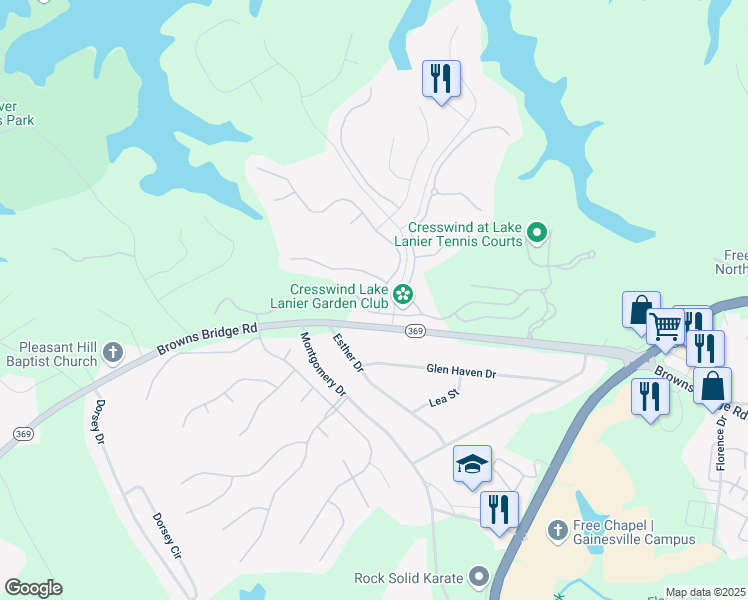 map of restaurants, bars, coffee shops, grocery stores, and more near 3309 Locust Cove Road in Gainesville
