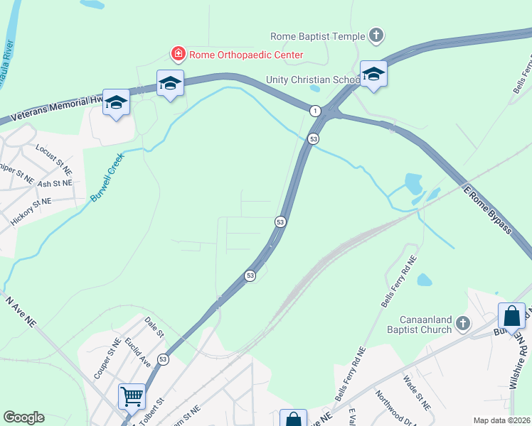 map of restaurants, bars, coffee shops, grocery stores, and more near 16 Indian Trace Drive Northeast in Rome
