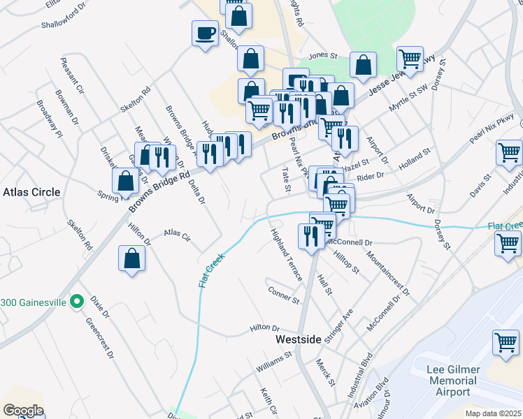 map of restaurants, bars, coffee shops, grocery stores, and more near 325 Highland Terrace in Gainesville