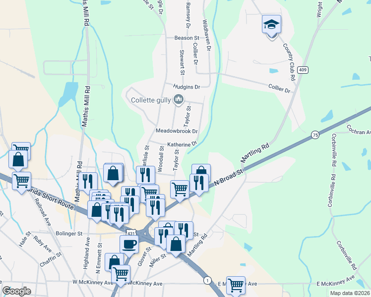 map of restaurants, bars, coffee shops, grocery stores, and more near 305 Katherine Dr in Albertville