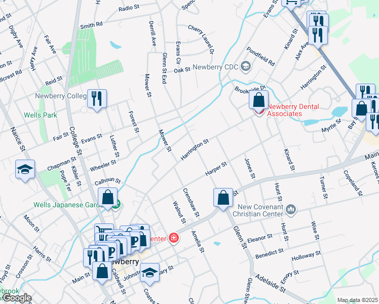 map of restaurants, bars, coffee shops, grocery stores, and more near Harrington Street in Newberry