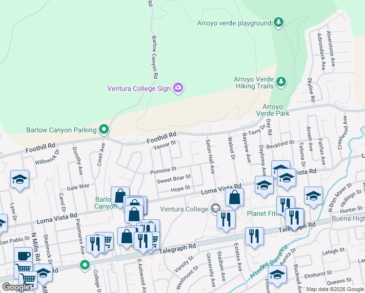map of restaurants, bars, coffee shops, grocery stores, and more near 455 La Salle Avenue in Ventura