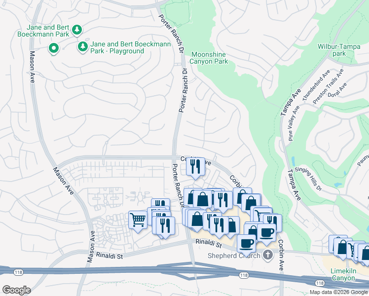 map of restaurants, bars, coffee shops, grocery stores, and more near 19936 Mariposa Creek Way in Los Angeles