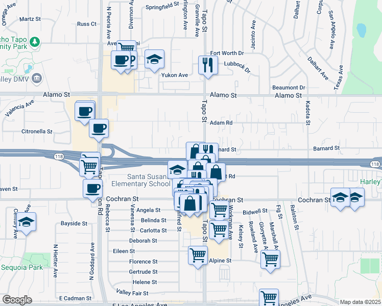 map of restaurants, bars, coffee shops, grocery stores, and more near 4350 Eve Road in Simi Valley