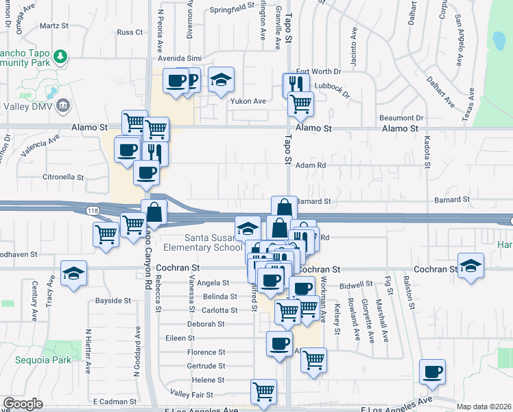 map of restaurants, bars, coffee shops, grocery stores, and more near 4310 Eve Road in Simi Valley