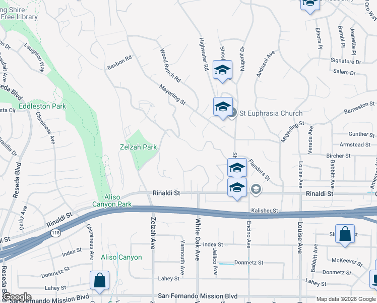 map of restaurants, bars, coffee shops, grocery stores, and more near 17758 Ridgeway Road in Los Angeles
