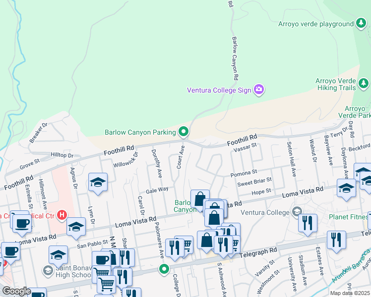 map of restaurants, bars, coffee shops, grocery stores, and more near 459 Court Avenue in Ventura