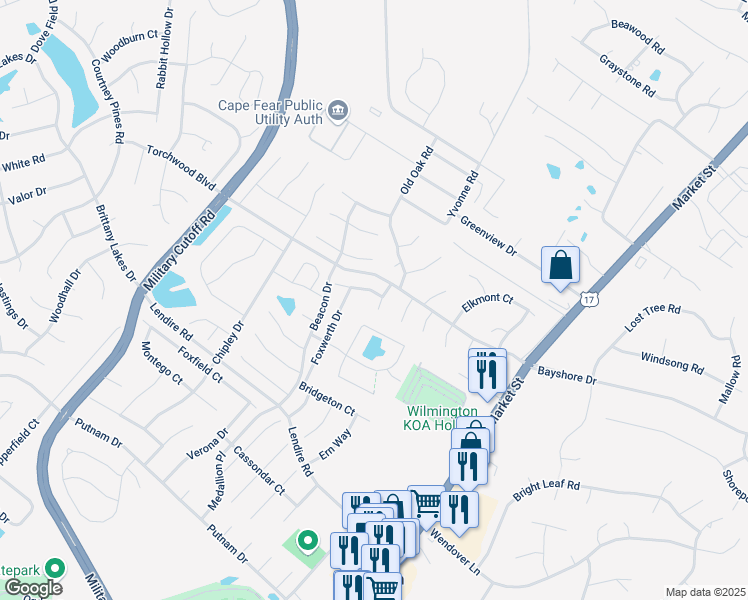 map of restaurants, bars, coffee shops, grocery stores, and more near 300 Buckhurst Drive in Wilmington