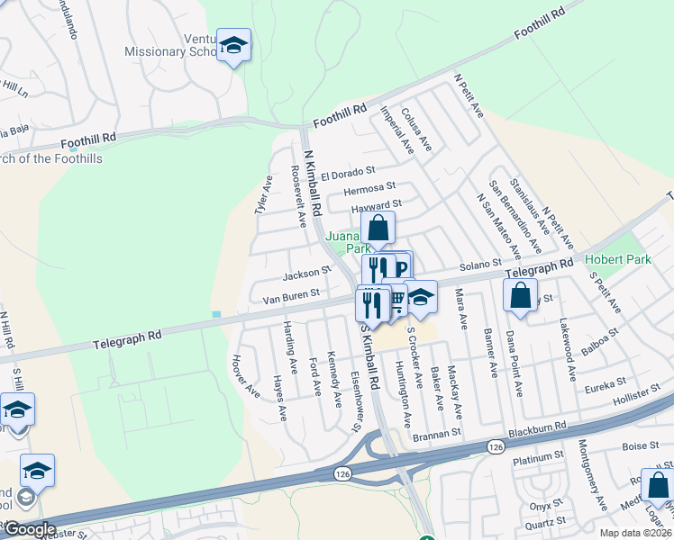 map of restaurants, bars, coffee shops, grocery stores, and more near 69 Azusa Avenue in Ventura