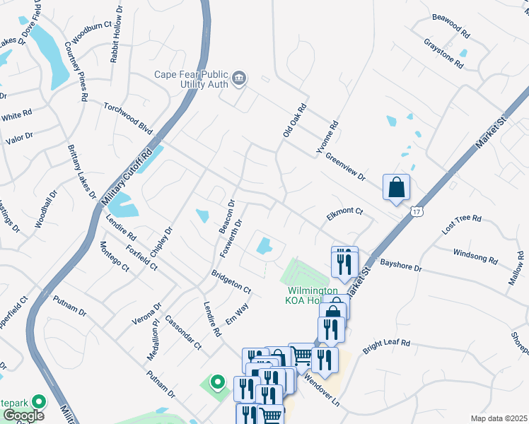 map of restaurants, bars, coffee shops, grocery stores, and more near 7405 Gilmore Drive in Wilmington