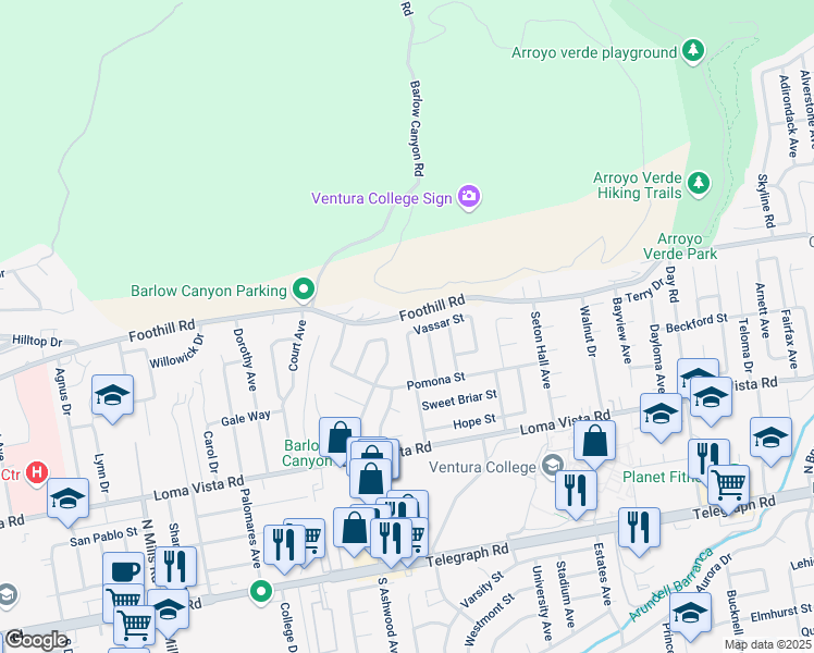 map of restaurants, bars, coffee shops, grocery stores, and more near 4321 Vassar Street in Ventura