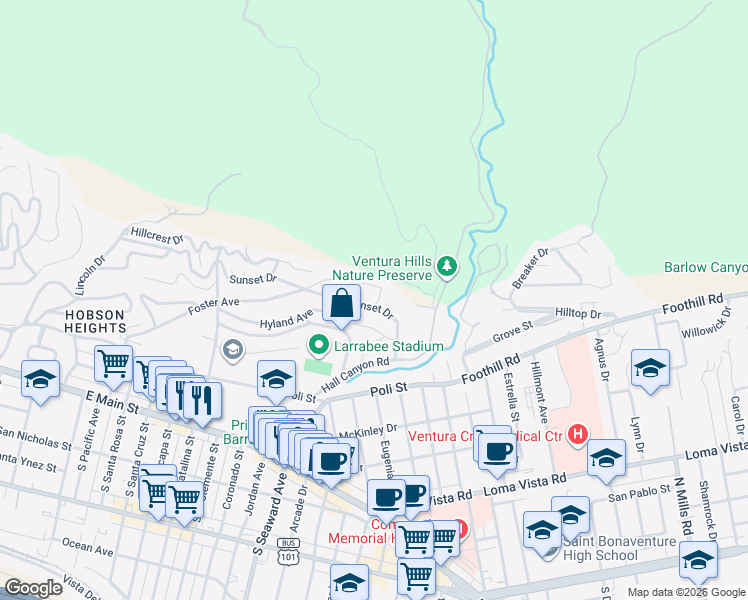 map of restaurants, bars, coffee shops, grocery stores, and more near 505 Briarwood Terrace in Ventura