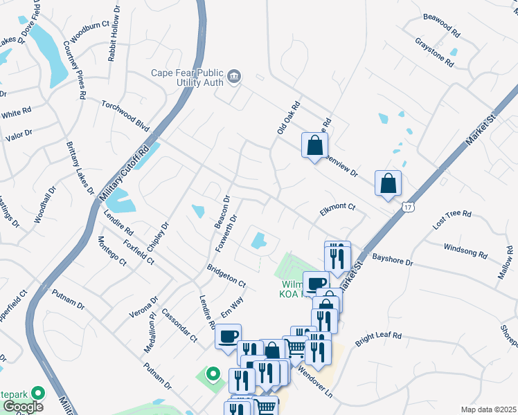 map of restaurants, bars, coffee shops, grocery stores, and more near 300 Buckhurst Drive in Wilmington