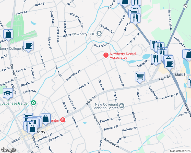 map of restaurants, bars, coffee shops, grocery stores, and more near 2121 Harper Street in Newberry