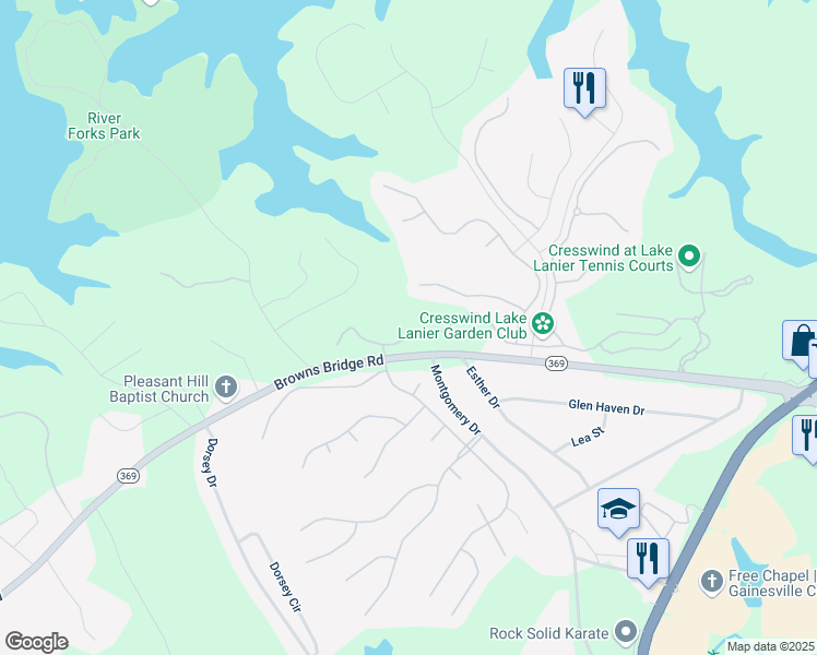 map of restaurants, bars, coffee shops, grocery stores, and more near 3418 Cresswind Parkway Southwest in Gainesville
