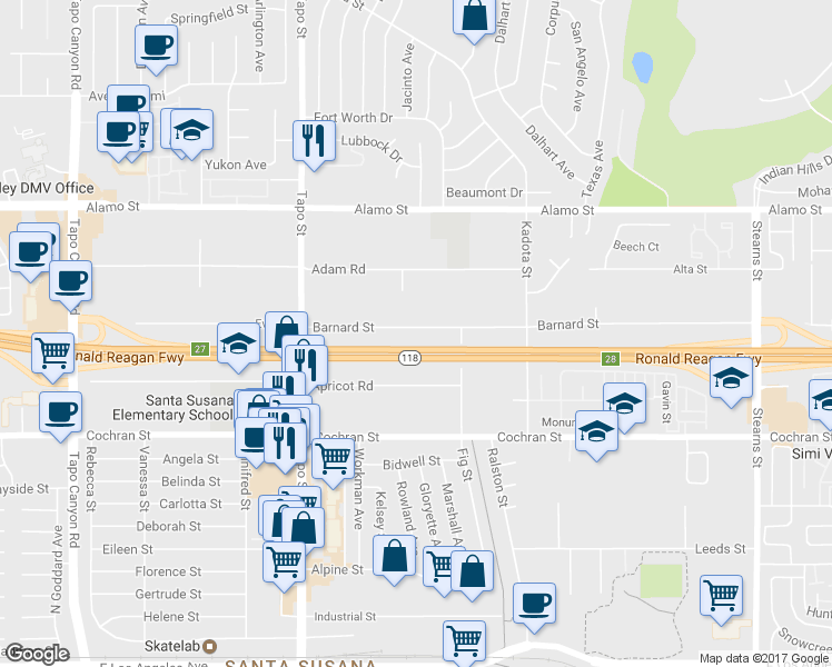 map of restaurants, bars, coffee shops, grocery stores, and more near 4608 Barnard Street in Simi Valley