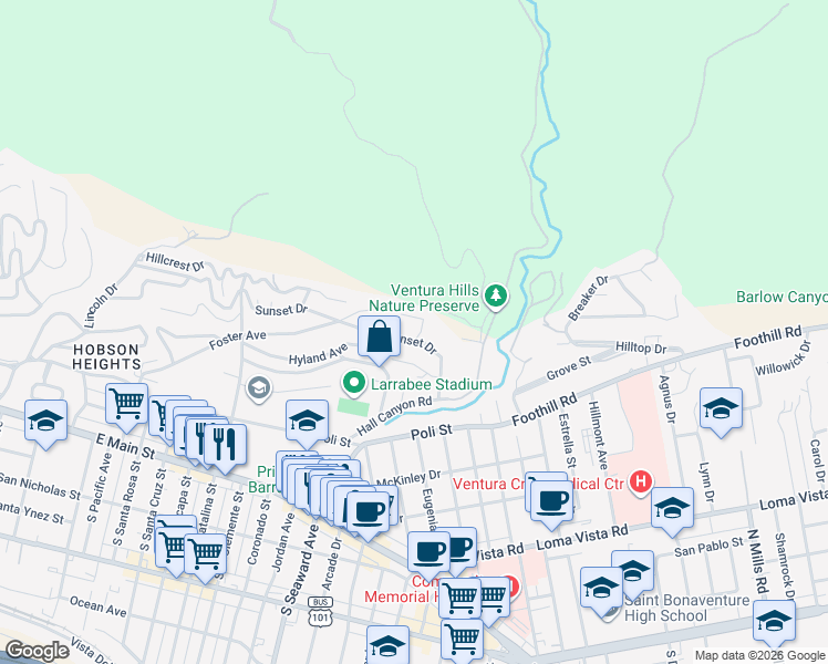 map of restaurants, bars, coffee shops, grocery stores, and more near 505 Briarwood Terrace in Ventura