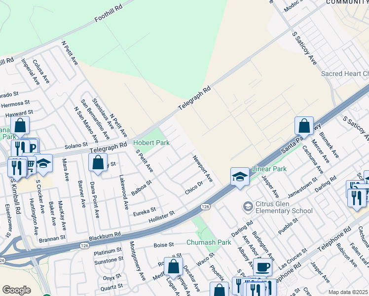 map of restaurants, bars, coffee shops, grocery stores, and more near 9542 El Portal Court in Ventura