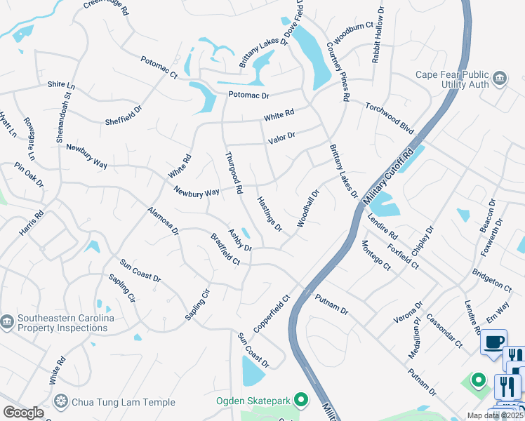 map of restaurants, bars, coffee shops, grocery stores, and more near 2624 Hastings Drive in Wilmington