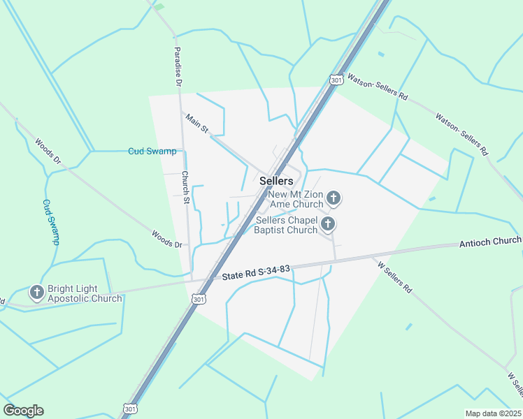 map of restaurants, bars, coffee shops, grocery stores, and more near 2606 U.S. 301 in Sellers
