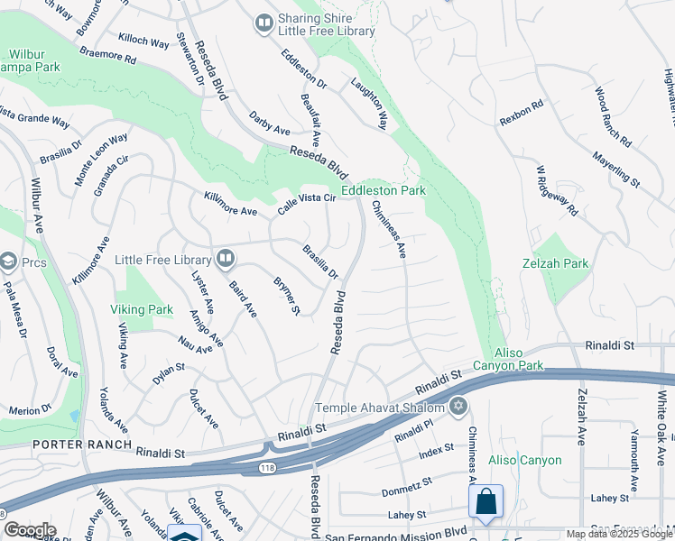 map of restaurants, bars, coffee shops, grocery stores, and more near 18507 Brasilia Drive in Los Angeles