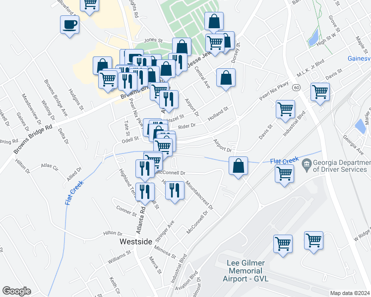 map of restaurants, bars, coffee shops, grocery stores, and more near 1306 Swann Drive in Gainesville