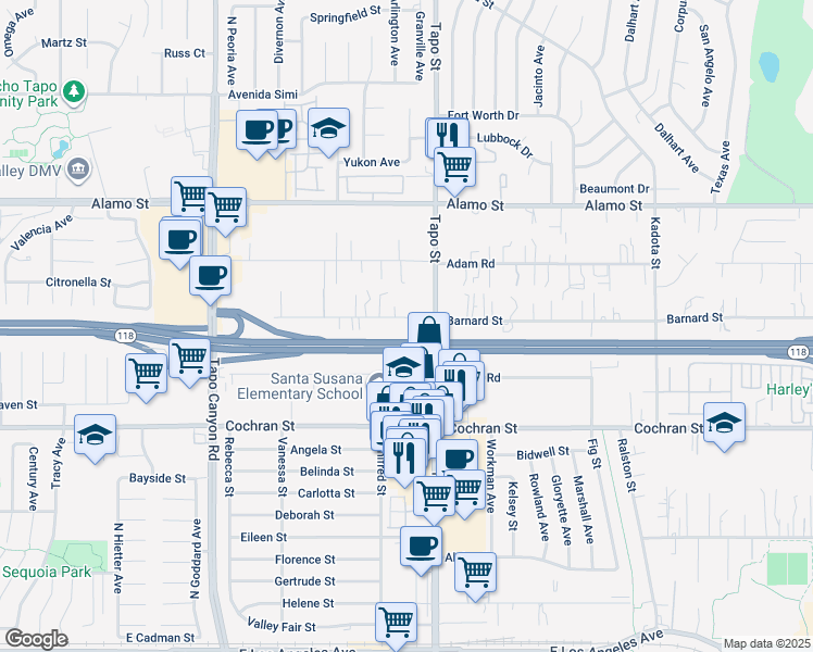 map of restaurants, bars, coffee shops, grocery stores, and more near 4350 Eve Road in Simi Valley