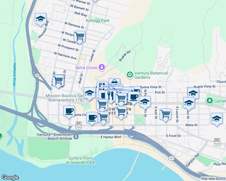 map of restaurants, bars, coffee shops, grocery stores, and more near 411 Poli Street in Ventura