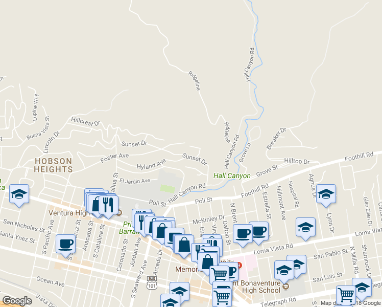 map of restaurants, bars, coffee shops, grocery stores, and more near 2453 Sunset Drive in Ventura