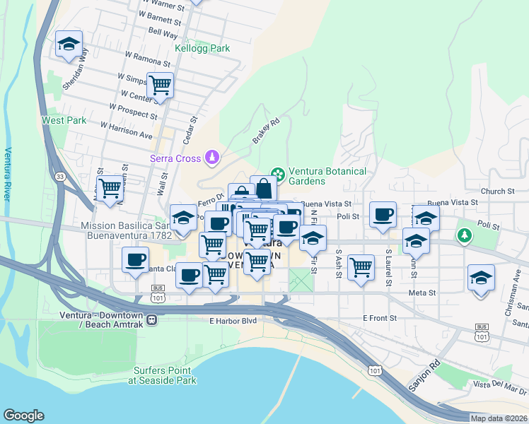 map of restaurants, bars, coffee shops, grocery stores, and more near 501 Poli Street in Ventura