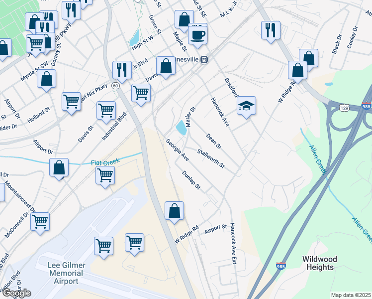 map of restaurants, bars, coffee shops, grocery stores, and more near 4 Marler Street in Gainesville