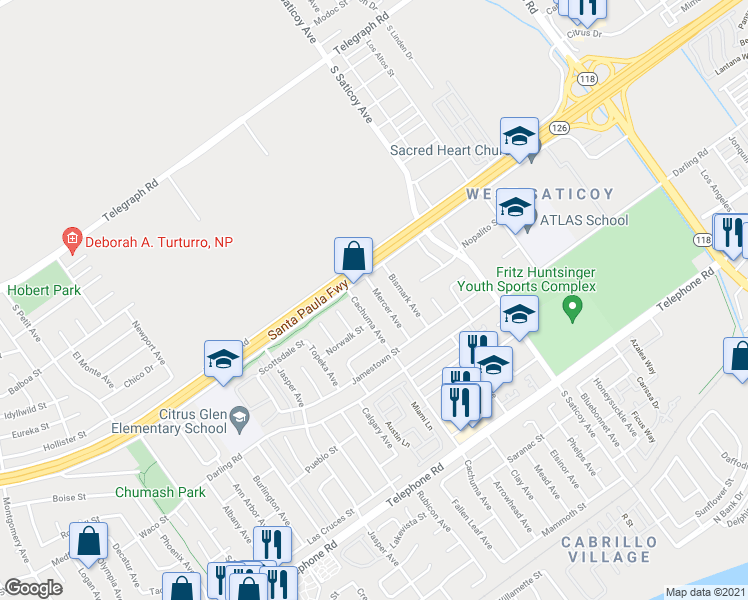 map of restaurants, bars, coffee shops, grocery stores, and more near 647 Mercer Avenue in Ventura