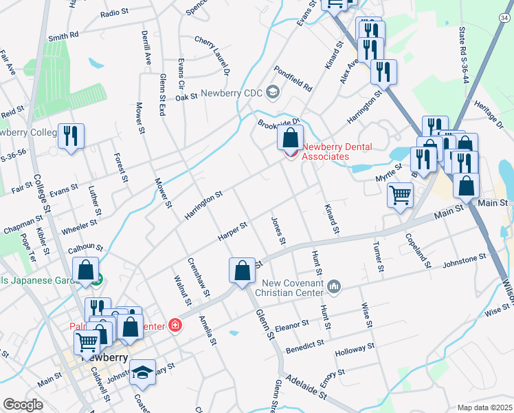 map of restaurants, bars, coffee shops, grocery stores, and more near 2121 Harper Street in Newberry