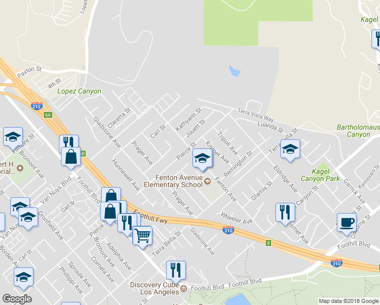 map of restaurants, bars, coffee shops, grocery stores, and more near 11900 Pierce Street in Los Angeles