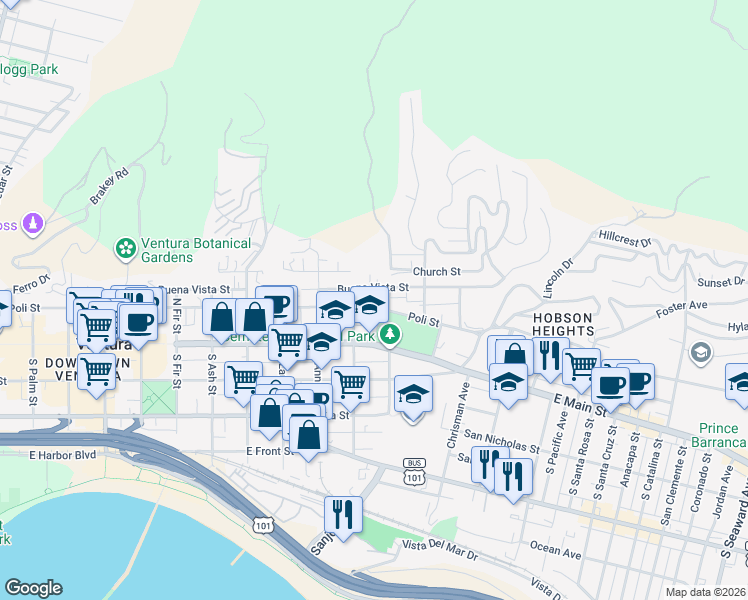 map of restaurants, bars, coffee shops, grocery stores, and more near 1257 Poli Street in Ventura