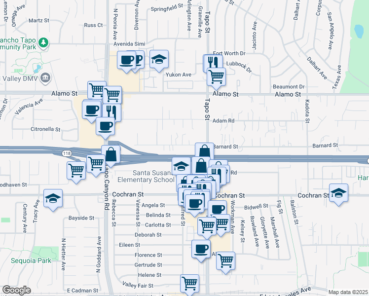 map of restaurants, bars, coffee shops, grocery stores, and more near 4290 Eve Road in Simi Valley