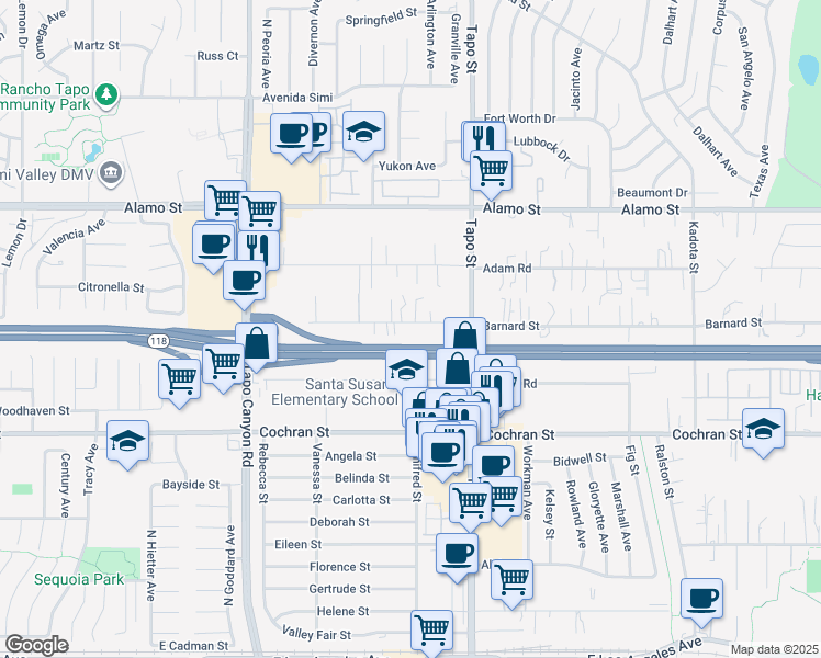map of restaurants, bars, coffee shops, grocery stores, and more near 4290 Eve Road in Simi Valley